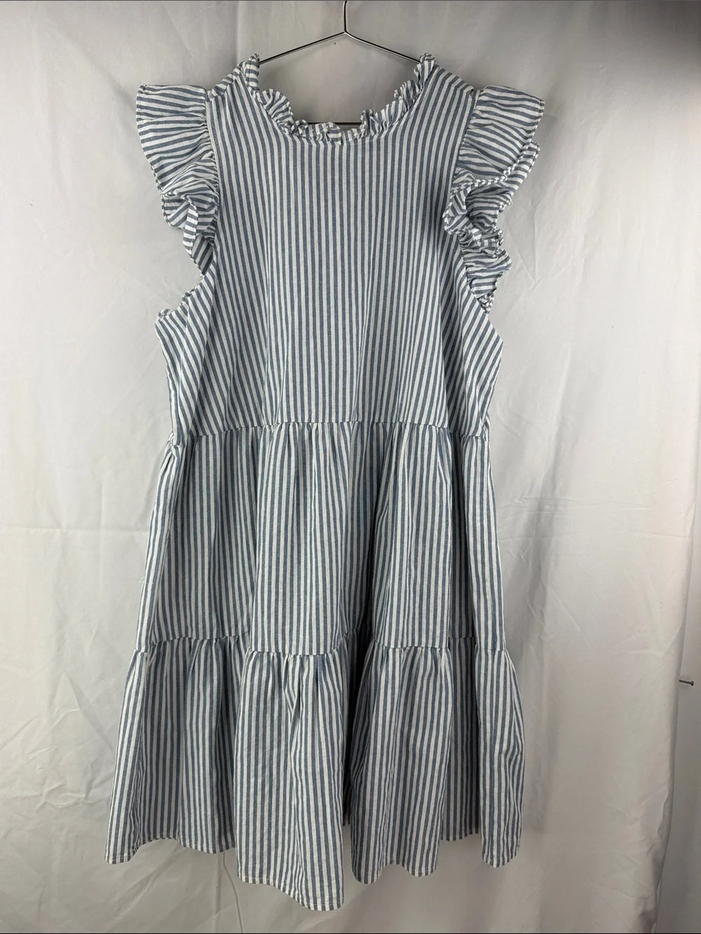 Mudpie Blue & White Striped Tiered Ruffle Sleeve Tie Back Size Large Kids Dress